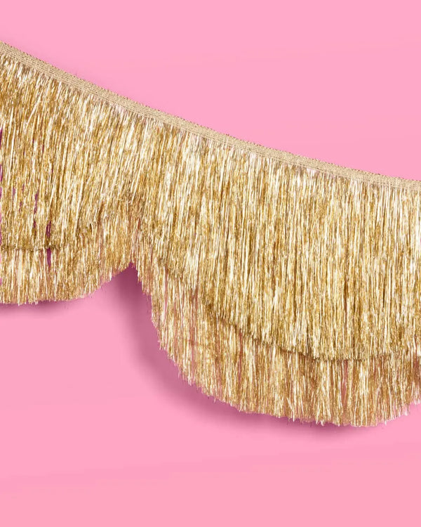 Stay Golden Fringe gold scalloped banner tween birthday party decor, or wall hanging for teen birthday parties, kids birthday parties, bachelorette parties, bridal showers, or baby showers.