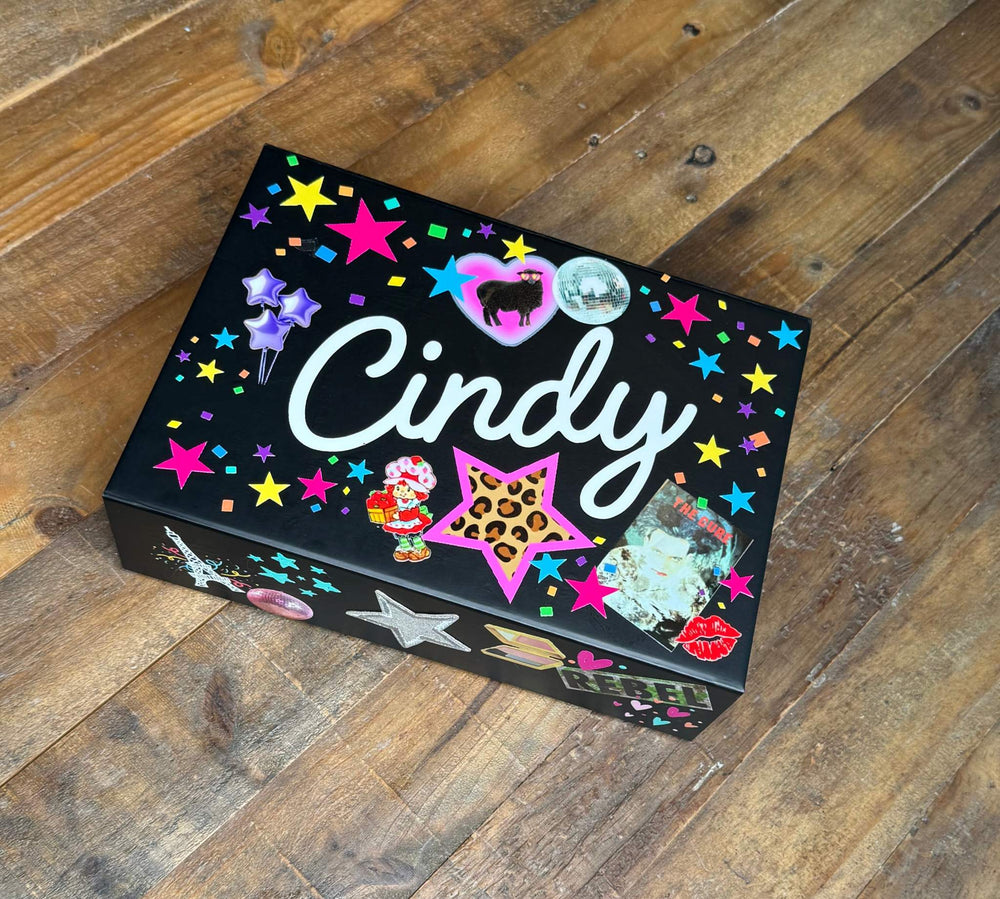 A decorate you own memento box party favor or party activity for tweens or kids with custom sticker pages.