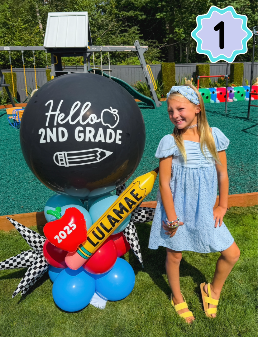 First day of school photo shoot props and ideas with a customizable first day of school balloon garland kit.