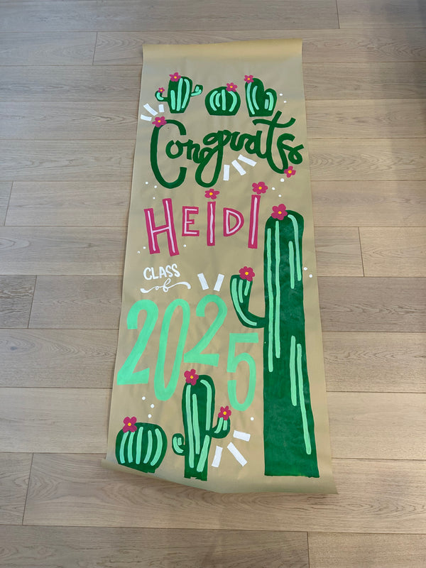 Hand-painted custom banner for a graduation party with a southwestern cowgirl theme.