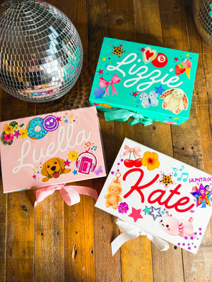 A decorate you own memento box party favor or party activity for tweens or kids with custom sticker pages.
