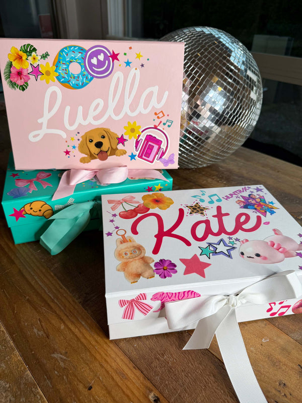 A party favor or party activity for tweens or kids with custom sticker pages featuring doughnut stickers, flower stickers, and labubu stickers to decorate your own memento box.