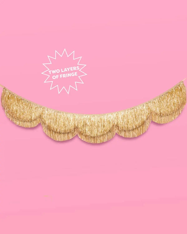 Stay Golden Fringe gold scalloped banner tween birthday party decor, or wall hanging for teen birthday parties, kids birthday parties, bachelorette parties, bridal showers, or baby showers.