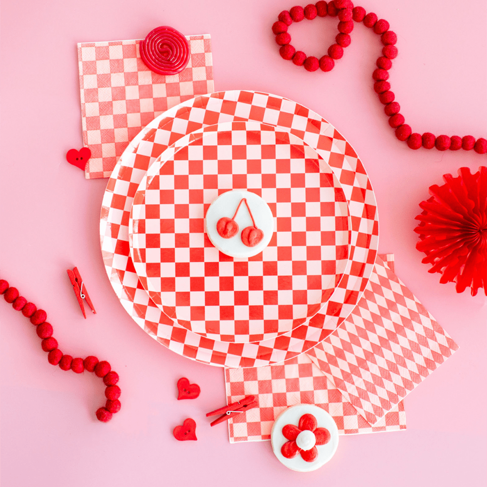 Jollity & Co. + Daydream Society - Check It! Dinner Plates - 8 Pk. - 11 Color Options: Cherry Crush - The Disco Edit