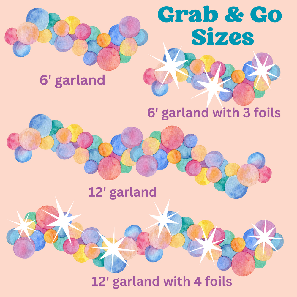 Grab and go diy balloon garland kits with customizable balloons, including a 6' balloon garland, 6' balloon garland with foil balloons, 12' balloon garland, and a 12' balloon garland with foil balloons.