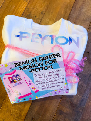 Patches and decorations for a sweatshirt patch party activity or party favor for a kpop demon hunters birthday party for tweens or kids.