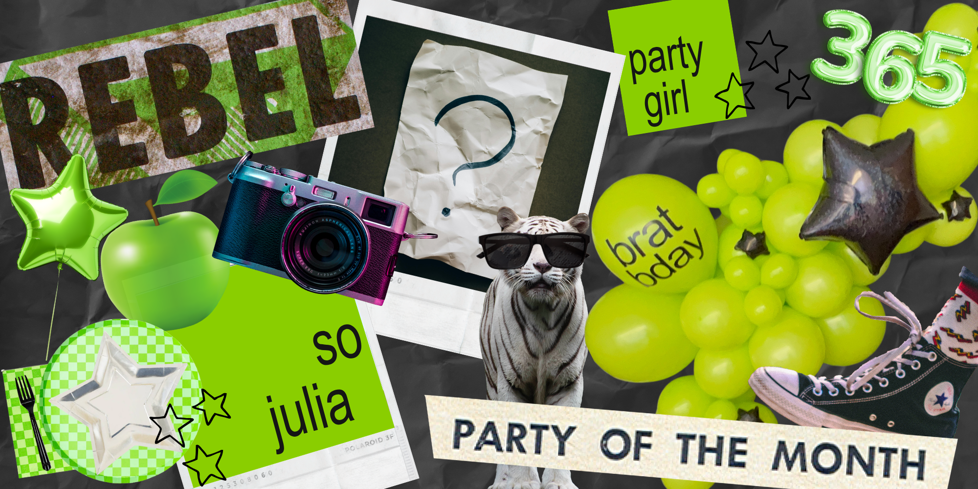 Brat party inspiration for a Charli XCX tween birthday party, featuring a lime green balloon garland, converse charm bar party activity, green check paper plate, green check paper napkin, and metallic silver star paper plate.