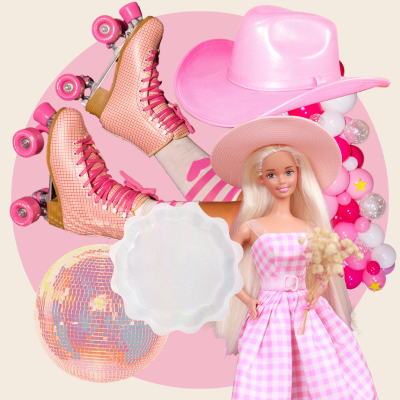 Barbie party inspiration or pink party inspiration for tweens, teens, toddlers, or adults, with pink roller blades, a pink cowgirl hat, a pink disco ball, scallop edge paper plates, a DIY pink balloon garland kit, and Barbie in a pink gingham dress.