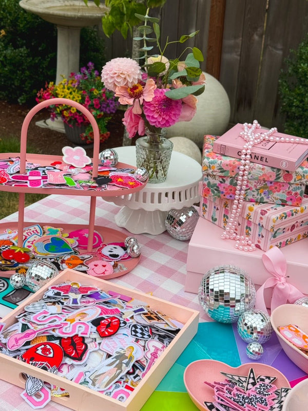 Birthday party favors or party activity ideas for tweens or kids parties, with a patch bar kit to decorate your own book bag, sweatshirt, or jacket.