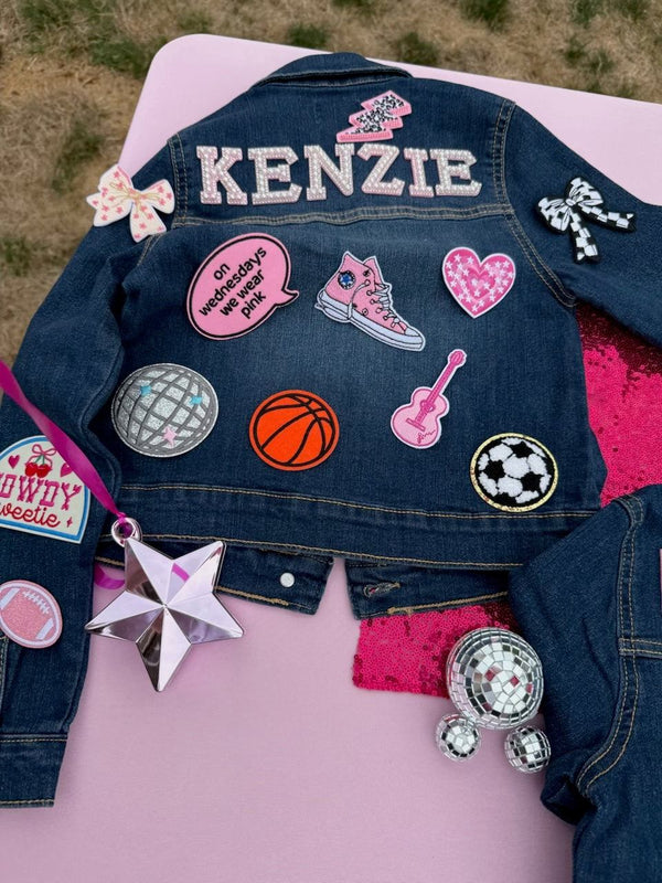 A fun craft idea for a party activity, featuring a decorate your own jean jacket kit with customizable patches for a little girl, teen or tween birthday party favor.
