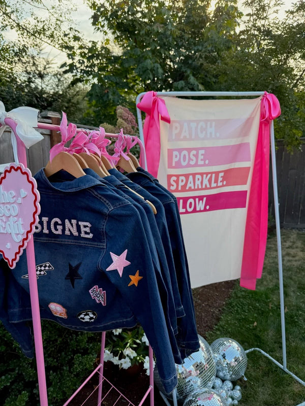 A fun craft idea for a party activity, featuring a decorate your own jean jacket kit with customizable patches for a little girl, teen or tween birthday party favor.