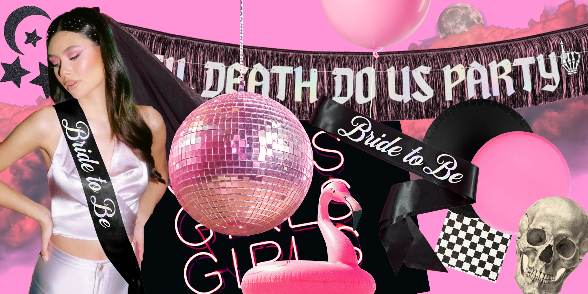 Bride or Die bachelorette party inspiration or bridal shower theme idea with pink and black decorations like pink disco ball decorations and black bachelorette sashes.
