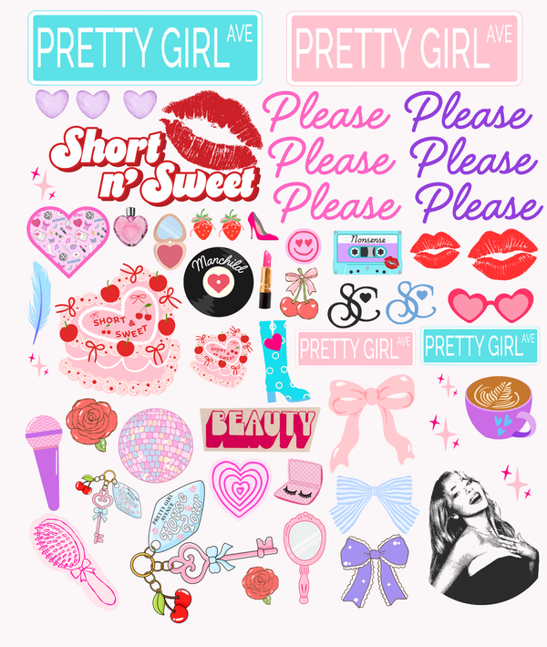 Pink, purple, and teal Sabrina Carpenter stickers featuring a short n/ sweet sticker theme for a custom memento box or stationary decorating party activity or party favor.
