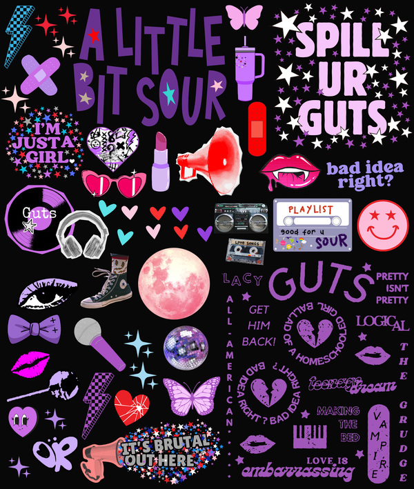 Purple and black Olivia Rodrigo guts stickers for a custom memento box or stationary decorating party activity or party favor.