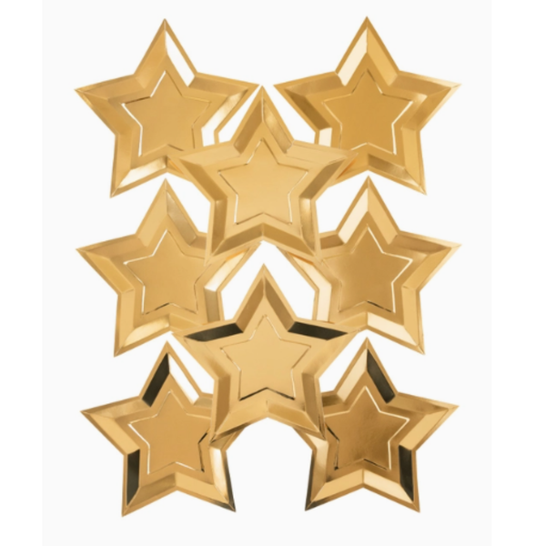 Metallic gold star-shaped paper plates.
