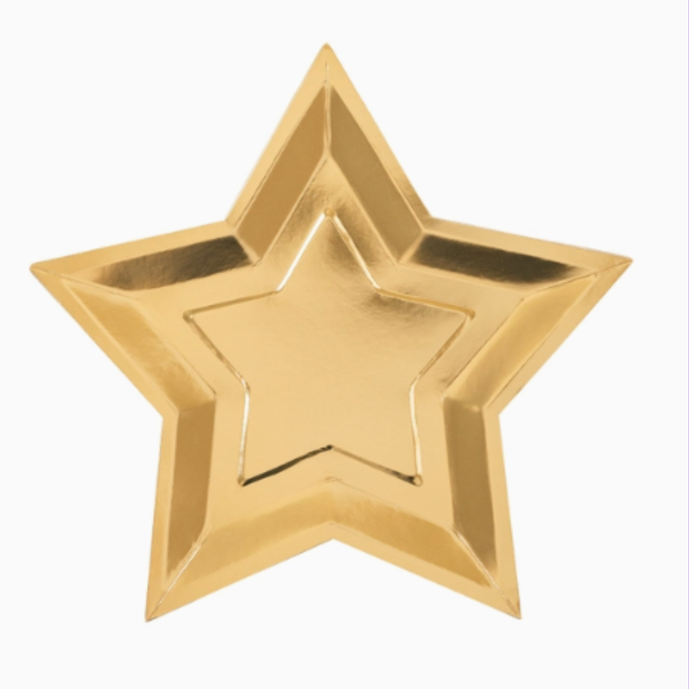 A metallic gold star paper plate.