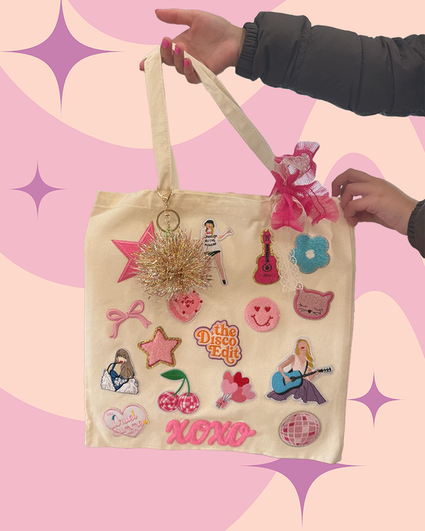 An party activity idea for tweens or kids featuring a patch party kit to decorate your own book bags with Taylor Swift patches.