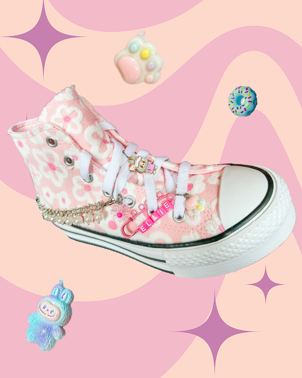 A party activity or party favor for tweens, teens, or kids featuring a diy charm bar kit to decorate shoes.