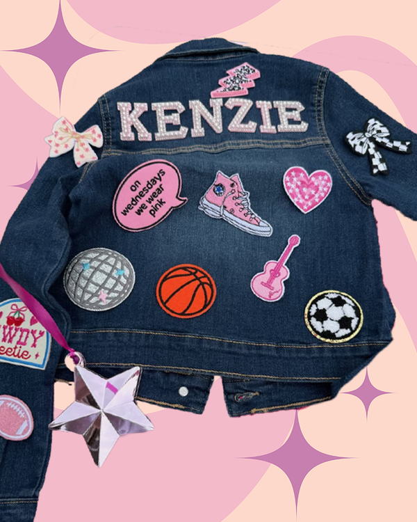 An Olivia Rodrigo themed party activity idea for tweens or kids featuring a patch party kit to decorate your own jean jacket with customizable patches and a pink party theme.