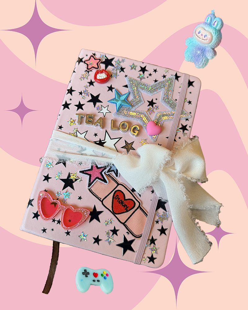 A party activity idea for tweens or kids featuring a patch party kit to decorate your own journal with Olivia Rodrigo patches, star patches, and stickers.