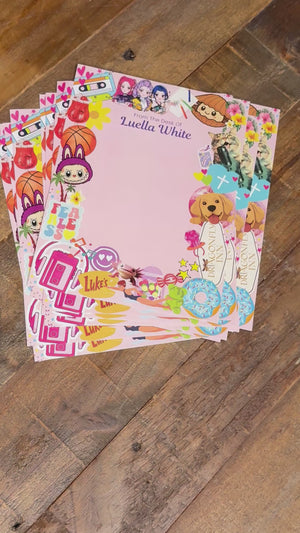 A video of a stationary decorating kit for a birthday party favor or activity, including labubu stickers, basketball stickers, doughnut stickers, and cassette tape stickers for a girl's birthday party.