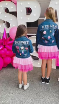 Jean jackets for girls decorated with custom patches at a patch party for kids or tweens.