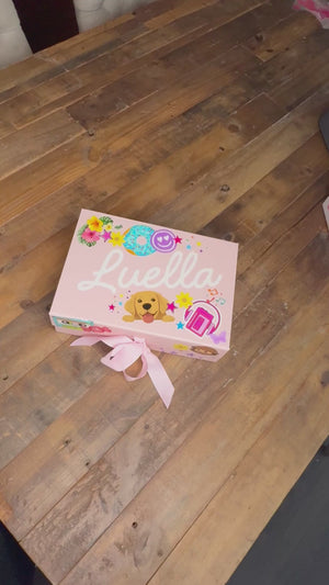 A decorate your own keepsake box kit with puppy stickers, labubu stickers, and kpop demon hunters stickers.