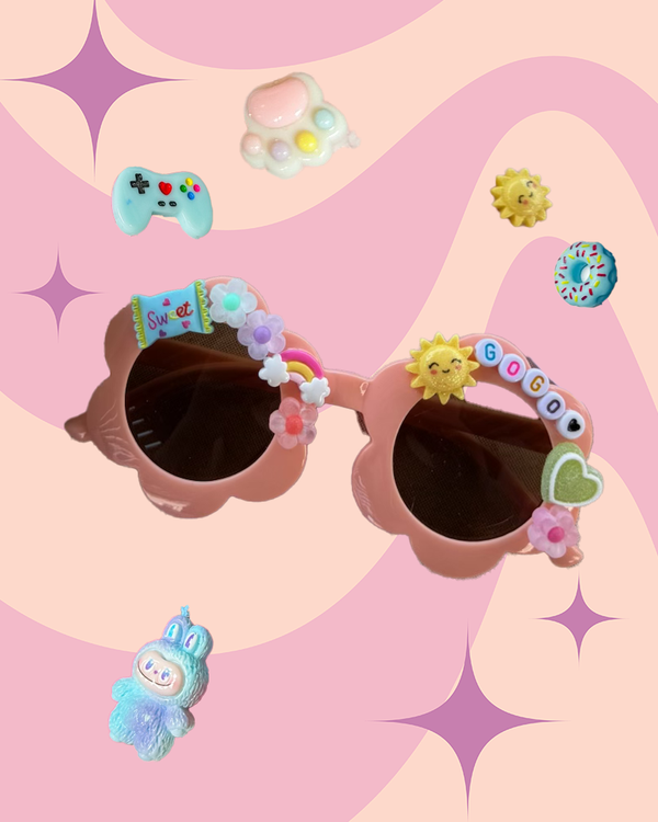 A decorate your own sunglasses party favor or party activity idea featuring a flower shaped sunglass decorating kit.