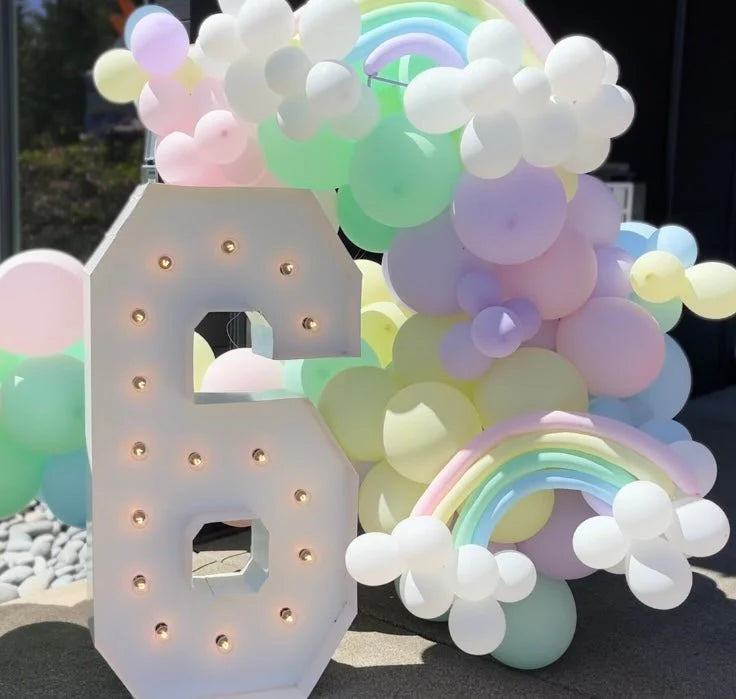 A unicorn rainbow balloon garland with a marquee number creates a photoshoot backdrop idea for a little girl's birthday party with a rainbow unicorn theme.